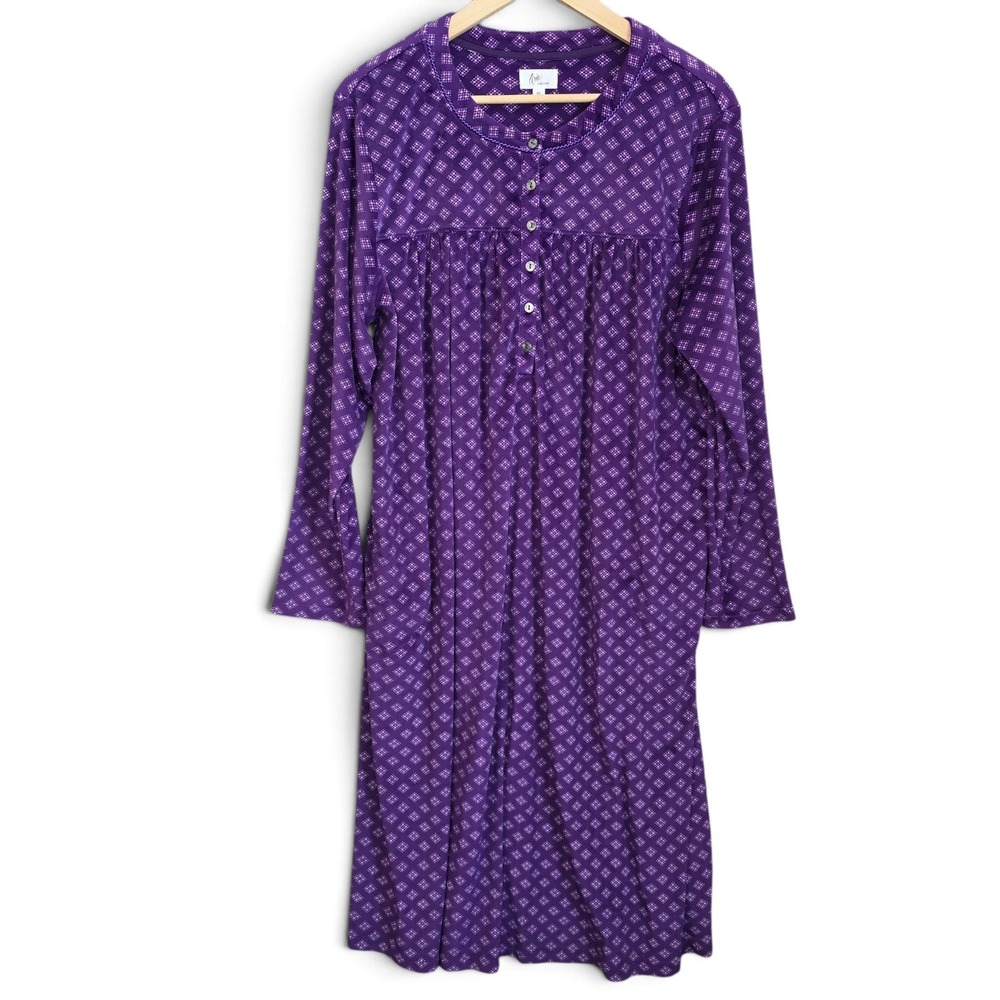 Aria Collection Nightgown Womens XL Purple Plaid Button Fleece Long Sleeve Robe